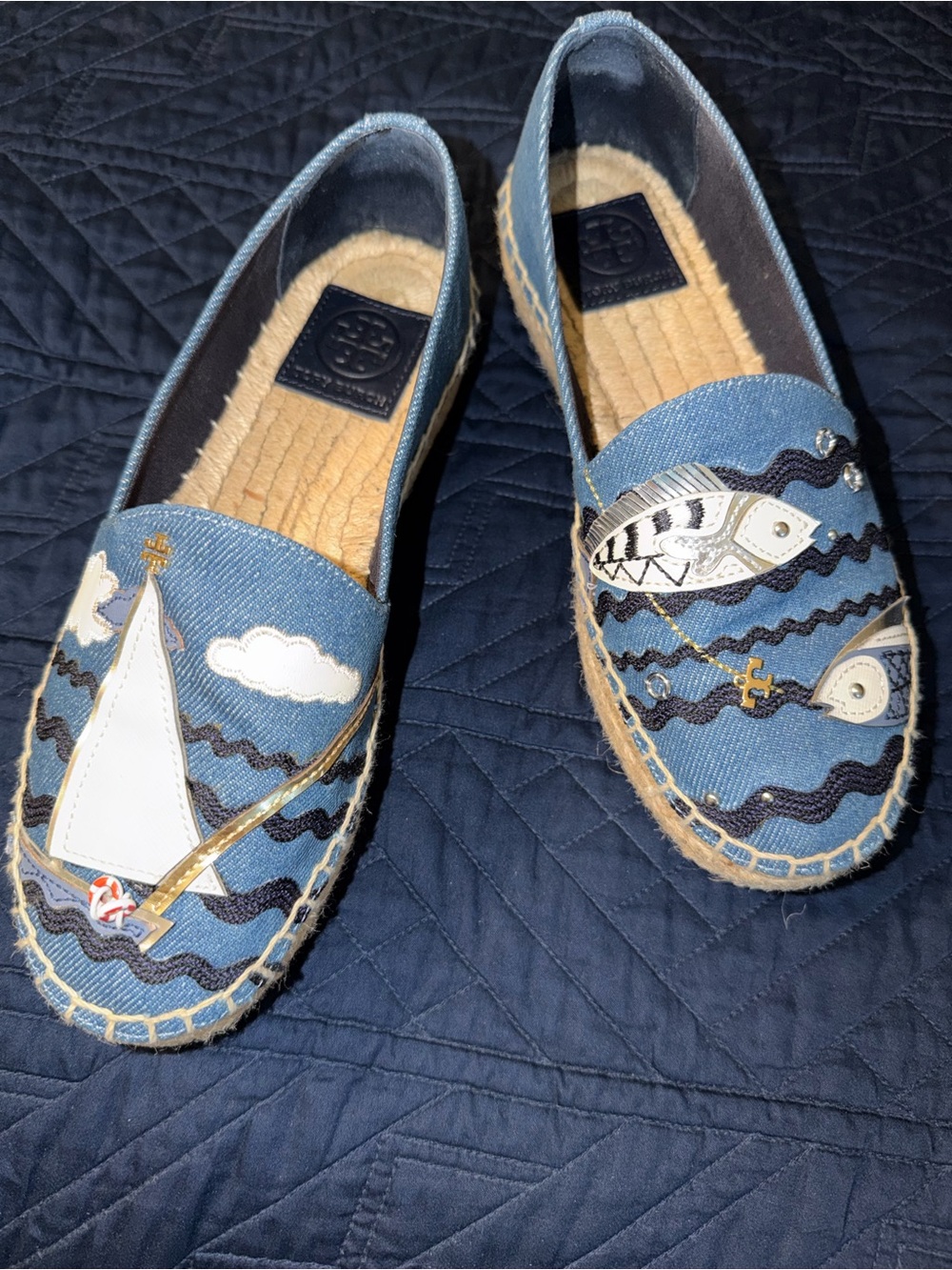 Tory Burch Denim Seaside Espadrille with White & Gold Nautical Appliqués